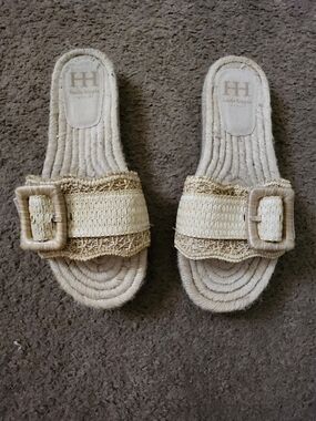 Haute Hippie Natural Raffia Buckle Slide Sandals - Cream/Tan